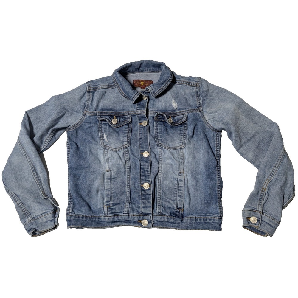 7 FOR ALL MANKIND Girls Large Stretch Denim Distressed Trucker Jean Jacket
